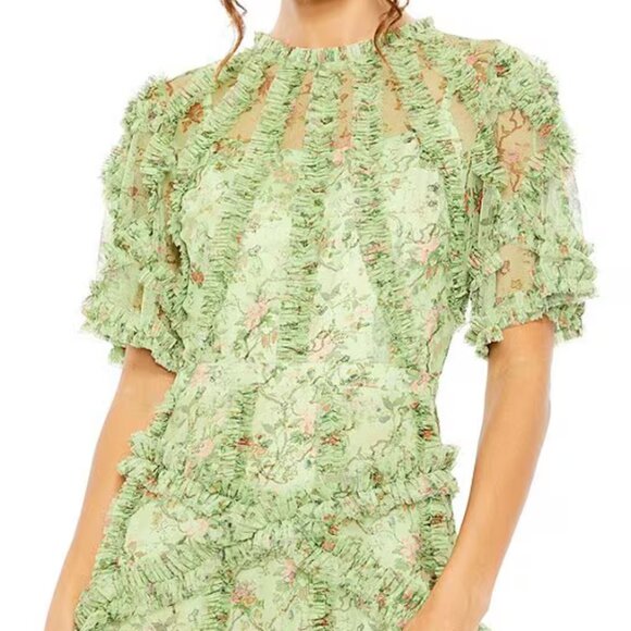 NWT Mac Duggal Floral Flutter Sleeve Mesh Print Dress - Sage Multi - size 8 - Picture 3 of 8